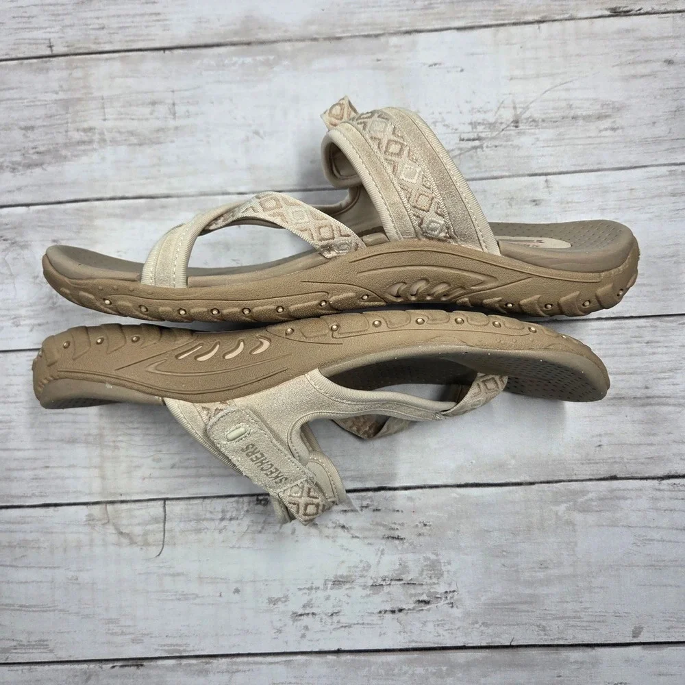 Skechers Reggae Slim Strappy Thong Sandal Women 11 Natural Beige 40798 Geometric